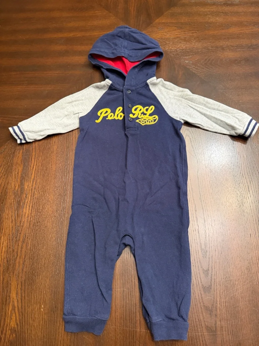 Ralph Lauren Baby Boy Hooded Romper Coverall Polo Logo Blue 9M